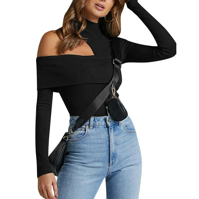 wsevypo Women High-Collar Hollow-Shoulder T-Shirt Fall Winter Solid Color Long Sleeve Knitted Pullover Tops Chic Slim Fit Tees