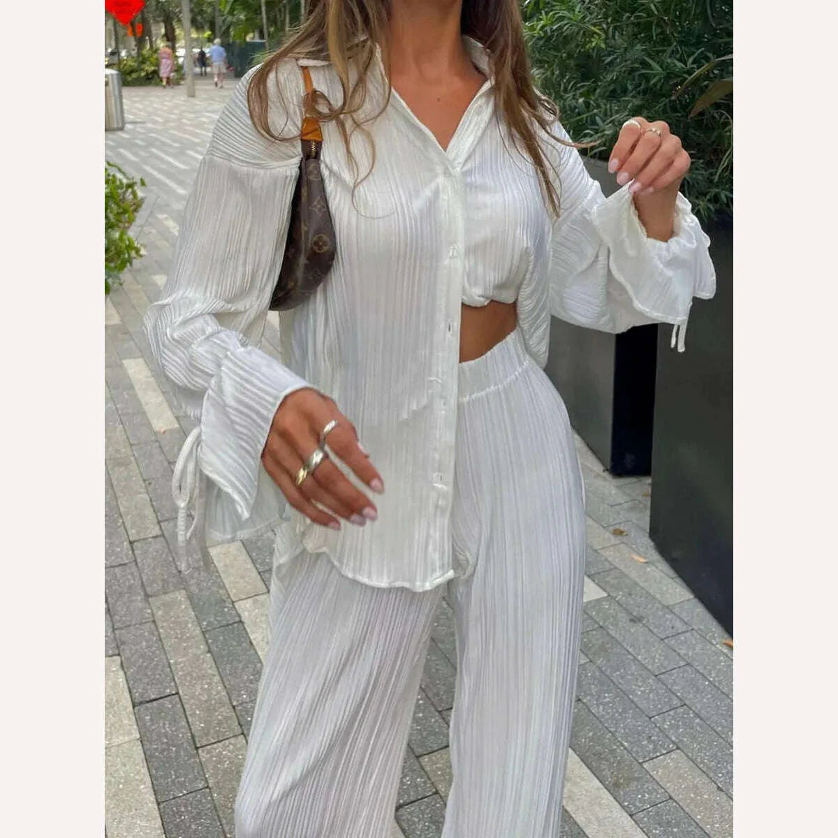 wsevypo Women Two-piece Pleated Pants Suits Casual Chic Solid Color Long Sleeve Button down Shirts and Straight Leg Trousers Set