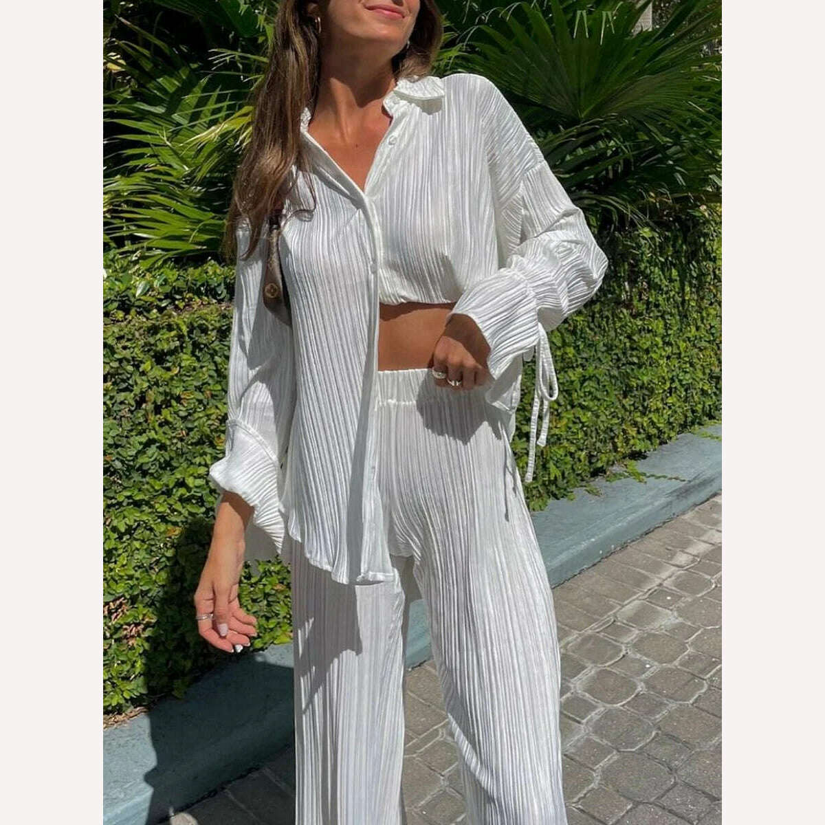 wsevypo Women Two-piece Pleated Pants Suits Casual Chic Solid Color Long Sleeve Button down Shirts and Straight Leg Trousers Set