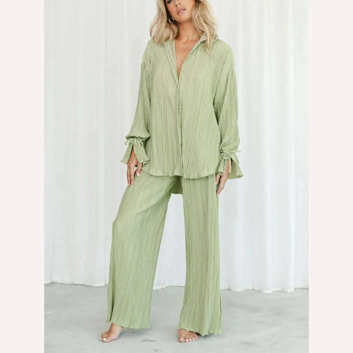 wsevypo Women Two-piece Pleated Pants Suits Casual Chic Solid Color Long Sleeve Button down Shirts and Straight Leg Trousers Set