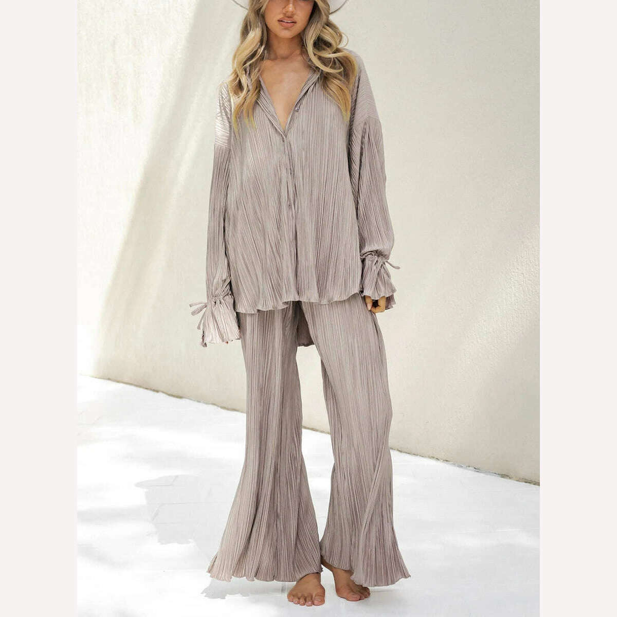 wsevypo Women Two-piece Pleated Pants Suits Casual Chic Solid Color Long Sleeve Button down Shirts and Straight Leg Trousers Set