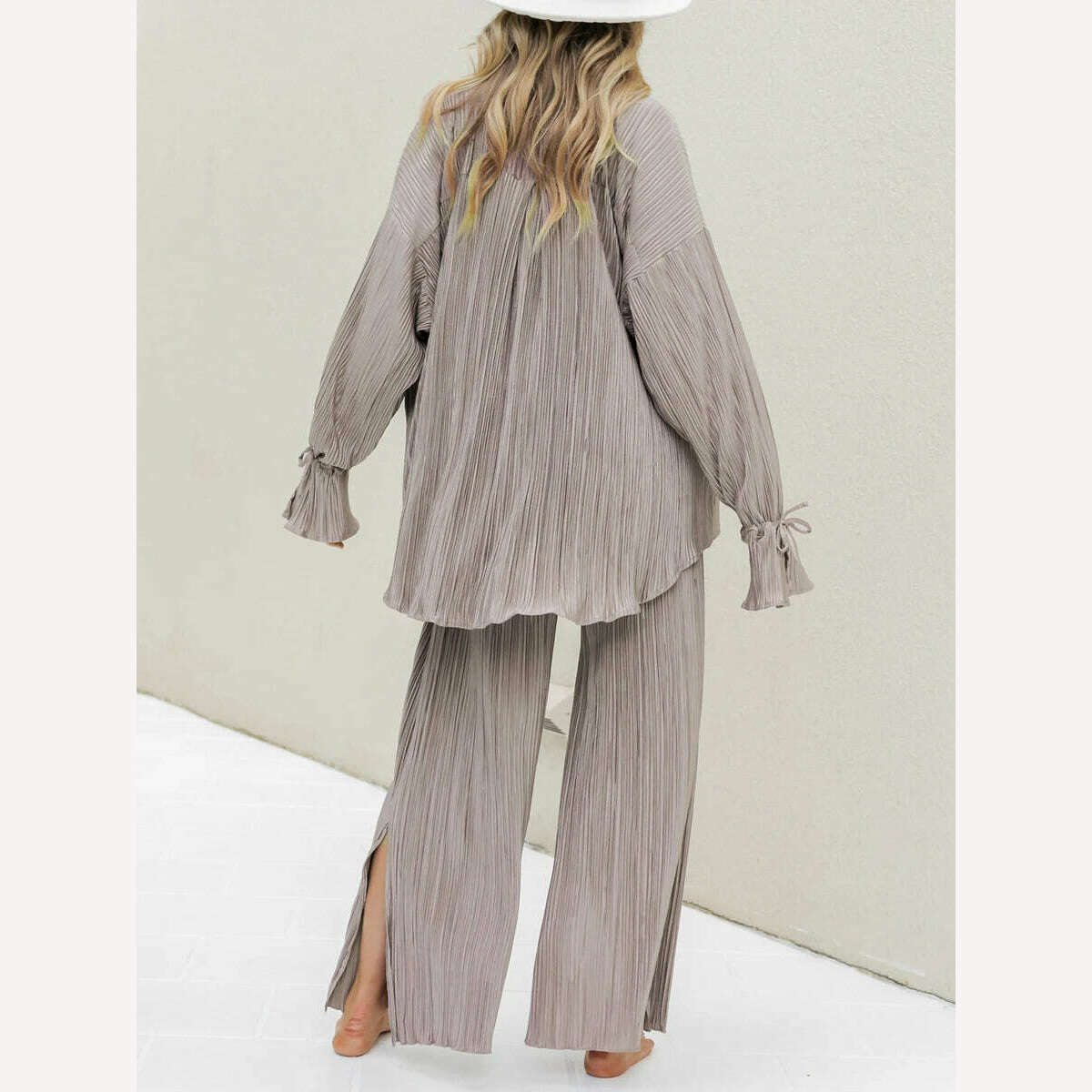 wsevypo Women Two-piece Pleated Pants Suits Casual Chic Solid Color Long Sleeve Button down Shirts and Straight Leg Trousers Set