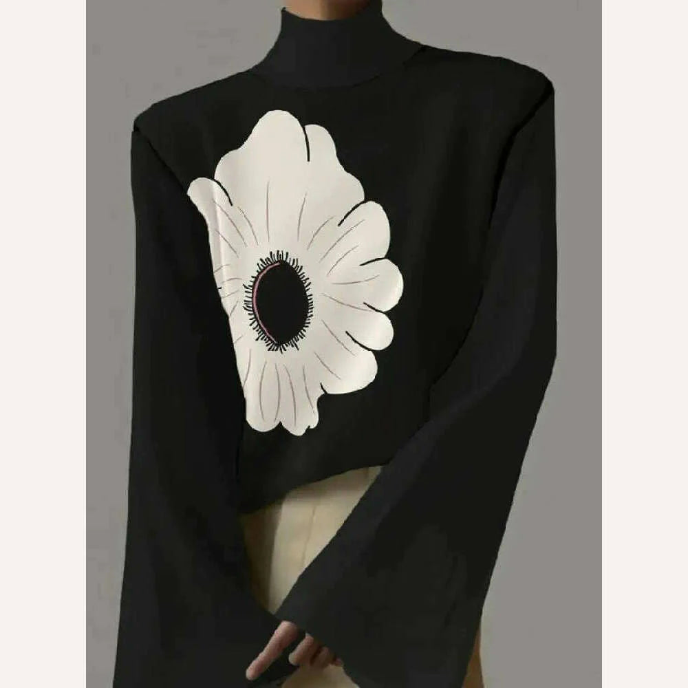 Yeezzi 2023 New Arrivals Female Flared Sleeves Flower Print High-Neck T-Shirts Spring Autumn Casual Fashion Black Tops For Women