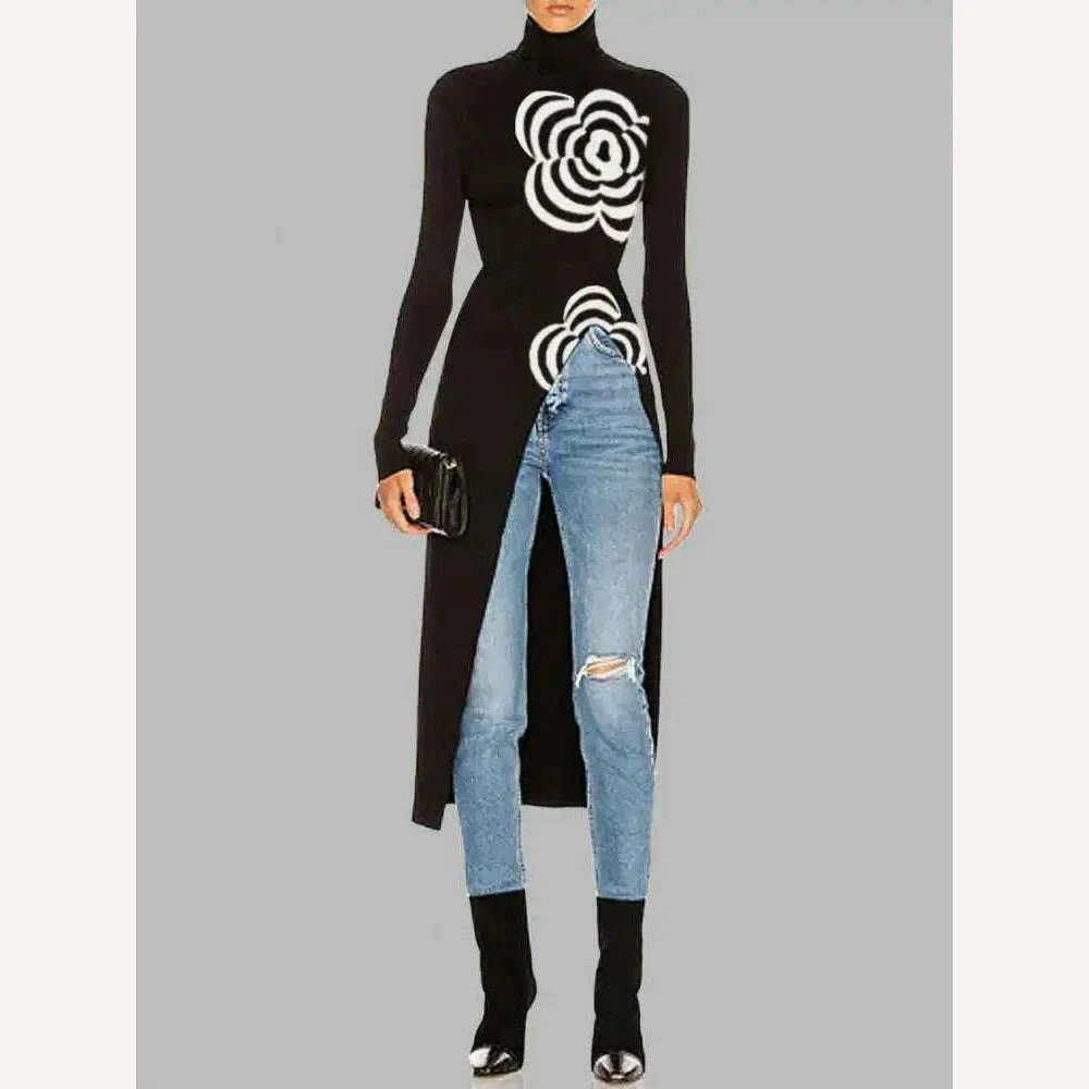 Yeezzi 2024 Latest Women Fashion Flower Printed Asymmetric Split-Front T-Shirts Spring Autumn Long Sleeves Skinny High Neck Tops