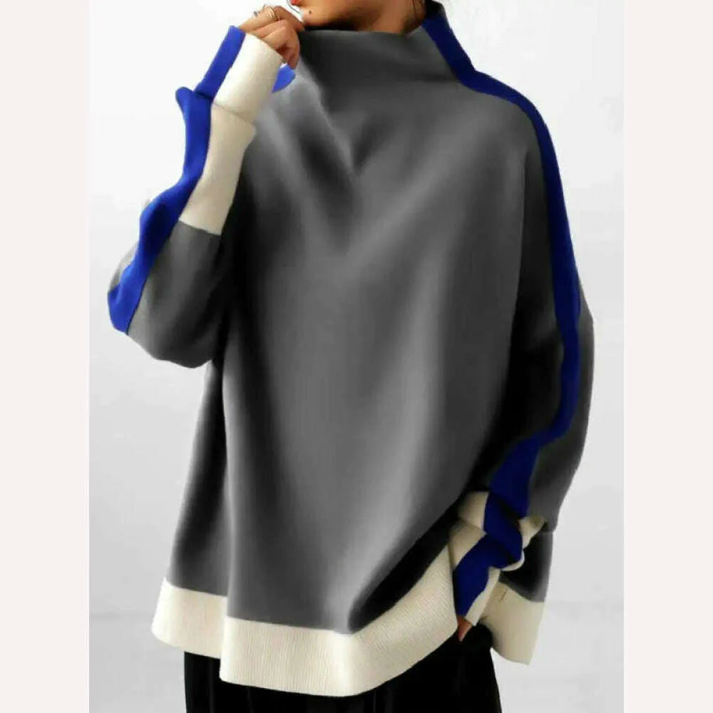 Yeezzi 2024 New Women Fashion Contrast Color High Neck Hoodless Sweatshirts Autumn Winter Long Sleeves Casual Pullovers Tops