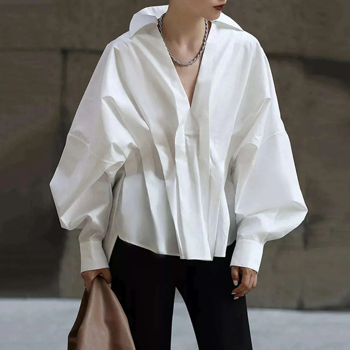 Yeezzi Fashion Pleated White Blouses Female Casual V-neck Long Sleeves Loose Lapel Collar Shirt Tops For Women 2023 New