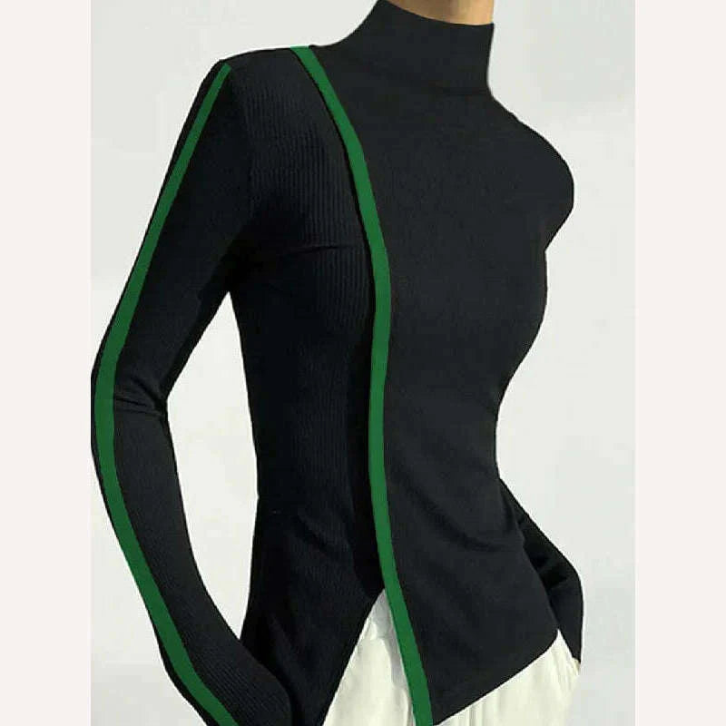 Yeezzi Female Korean Fashion Split-Side High-Neck Skinny Tops Spring Autumn Long Sleeve Casual Black T-Shirts For Women 2023 New