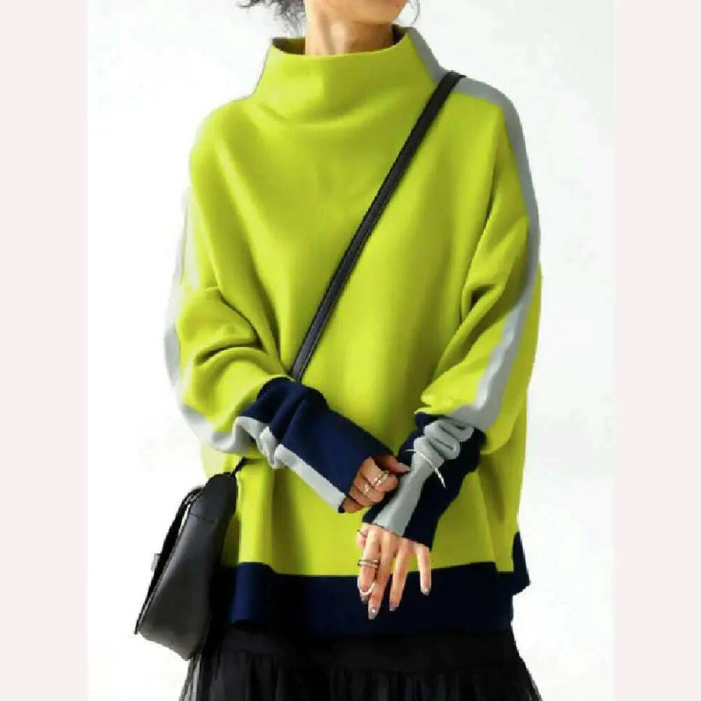 Yeezzi Female Trendy Contrast Color High Neck Hoodless Pullovers Tops 2023 New Spring Autumn Long Sleeves Casual Sweatshirts