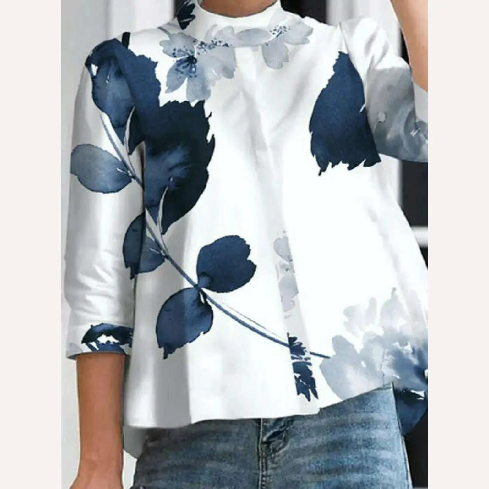 Yeezzi Female Vintage Elegant Floral Printed Stand Collar Blouses 2023 Spring Three-Quarter Sleeves Causal Shirts Tops For Women