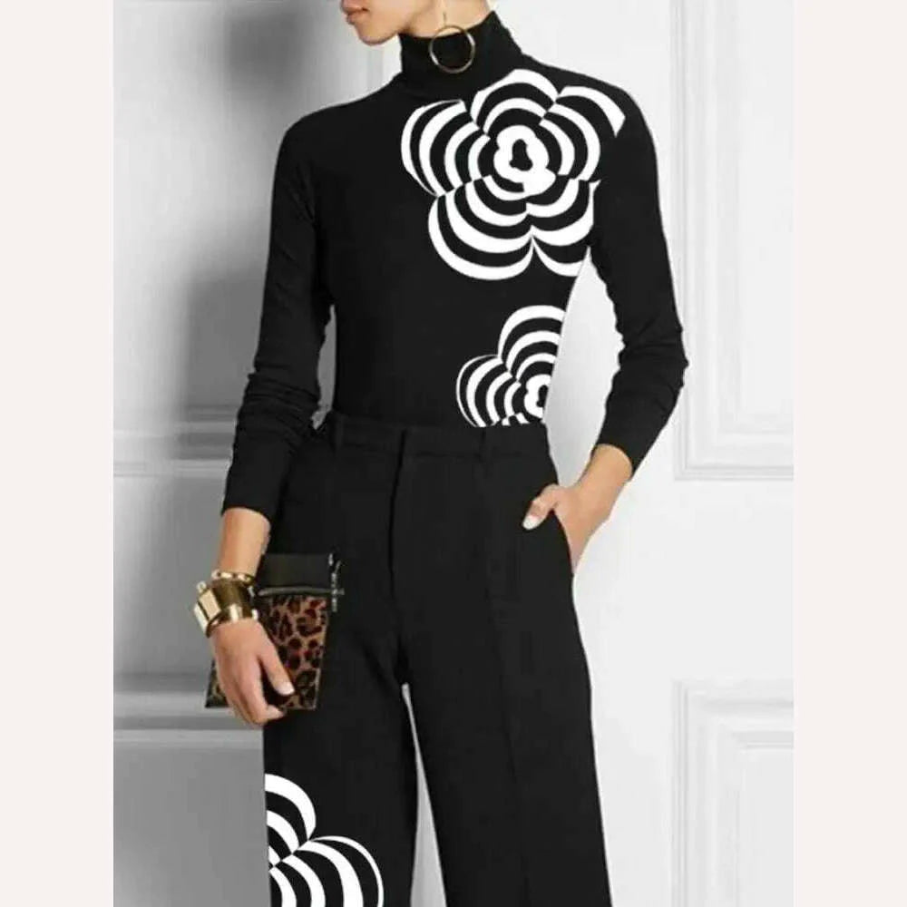 Yeezzi Women Fashion Flower Print High Neck Zipper Skinny T-Shirts 2023 New Spring Autumn Long Sleeves Casual Basic Black Tops