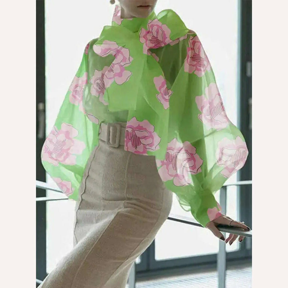 Yeezzi Women Stylish Bow-Embellished Floral Printed See-Through Stand Collar Blouses 2023 Summer Loose Puff Sleeves Shirts Tops