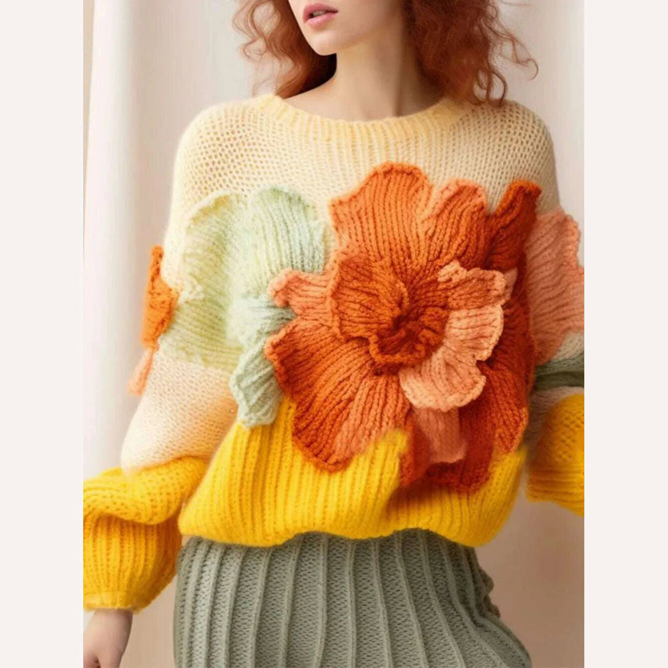 Yellow Candy Color Vintage Knit Women's Tops Autumn Elegant Aggressive Loose 3D Flower Pullover Women's