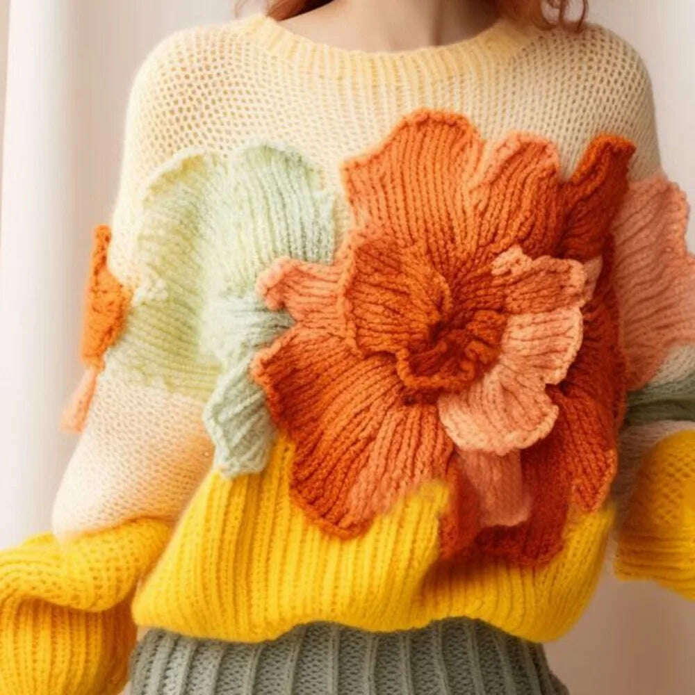 Yellow Candy Color Vintage Knit Women's Tops Autumn Elegant Aggressive Loose 3D Flower Pullover Women's