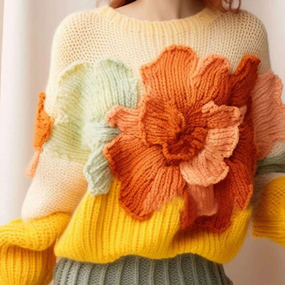 Yellow Candy Color Vintage Knit Women’s Tops Autumn Elegant Aggressive Loose 3D Flower Pullover Women’s