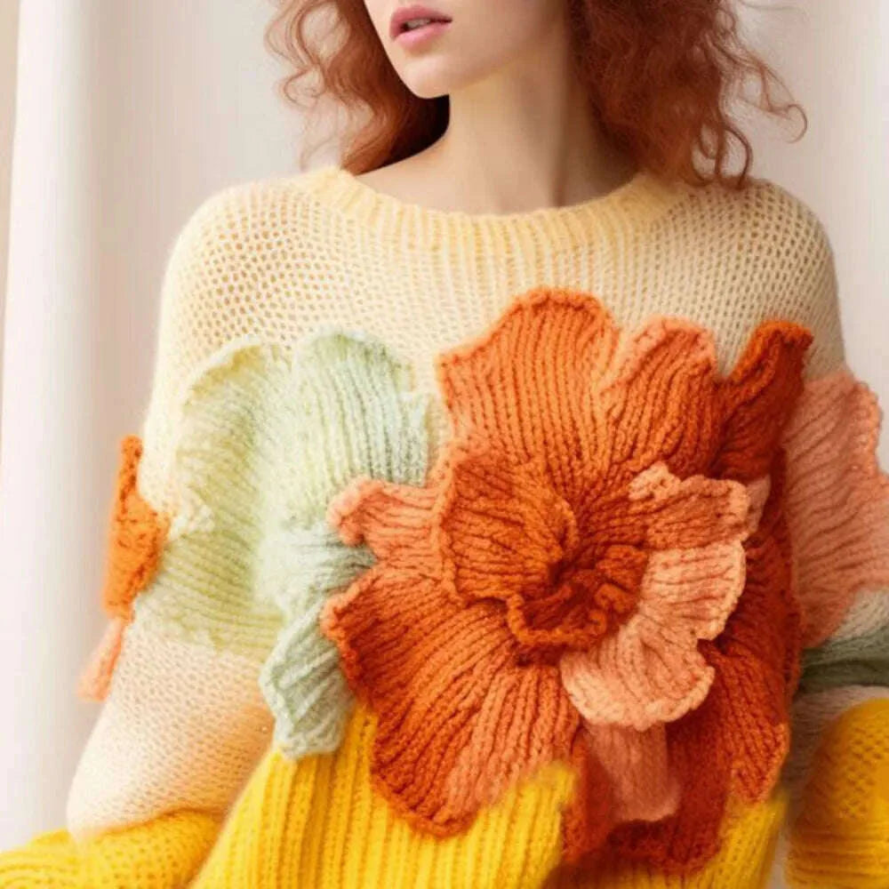 Yellow Candy Color Vintage Knit Women's Tops Autumn Elegant Aggressive Loose 3D Flower Pullover Women's