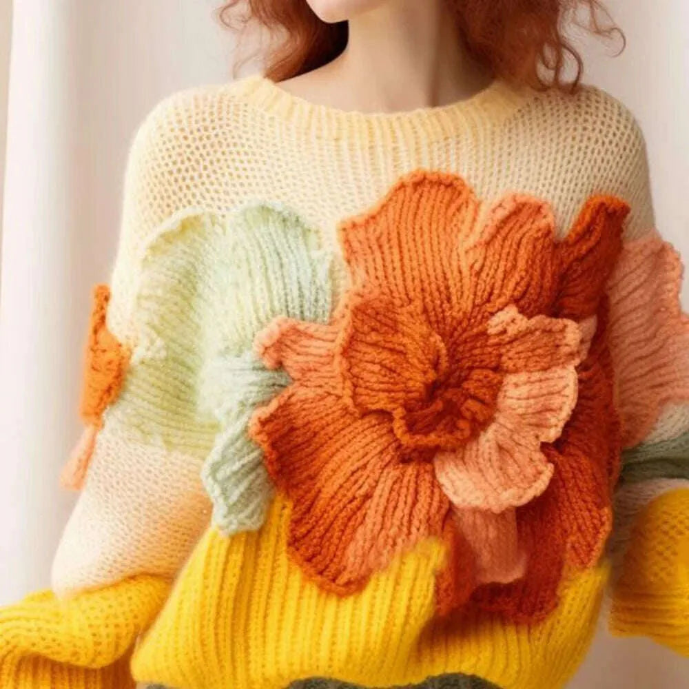 Yellow Candy Color Vintage Knit Women's Tops Autumn Elegant Aggressive Loose 3D Flower Pullover Women's