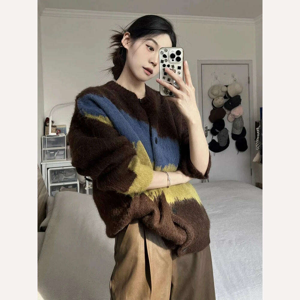 Zoki Vintage Japan Patchwork Cardigan Women Fall Winter Lazy Wind Knitted Sweater Coat Harajuku Retro Casual Oversize Loose Tops