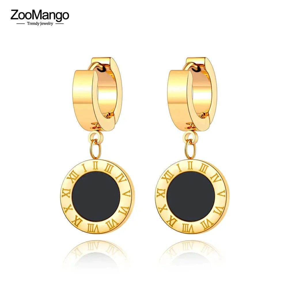 ZooMango Black Shell Roman Numerals Circle Hoop Earrings Titanium Steel Rose Gold Color Wedding Earrings For Women ZE18114