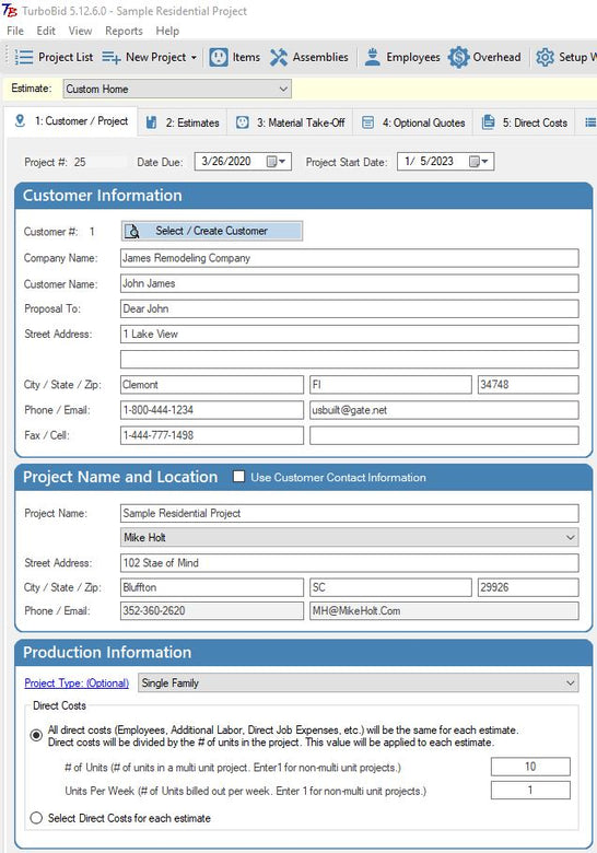 Standard Estimate Customer / Project Tab