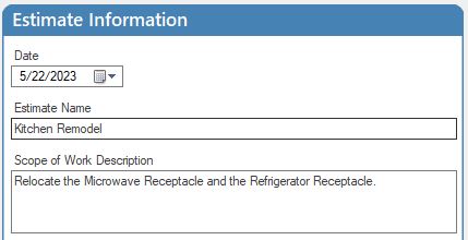 Enter the Estimate's Name and Scope of Work.