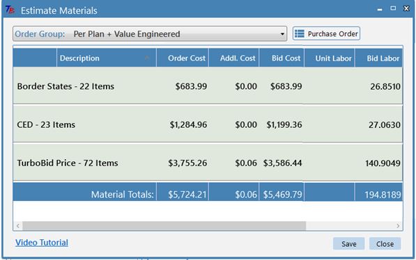 TurboBid's material screen grouped by price source