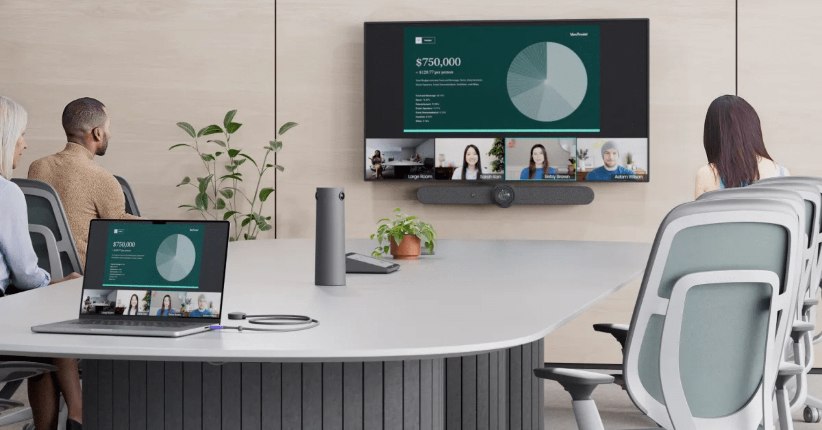 Hybrid video conferencing setup in a modern boardroom using Logitech Rally Bar, display screen, and laptop with BYOD connectivity