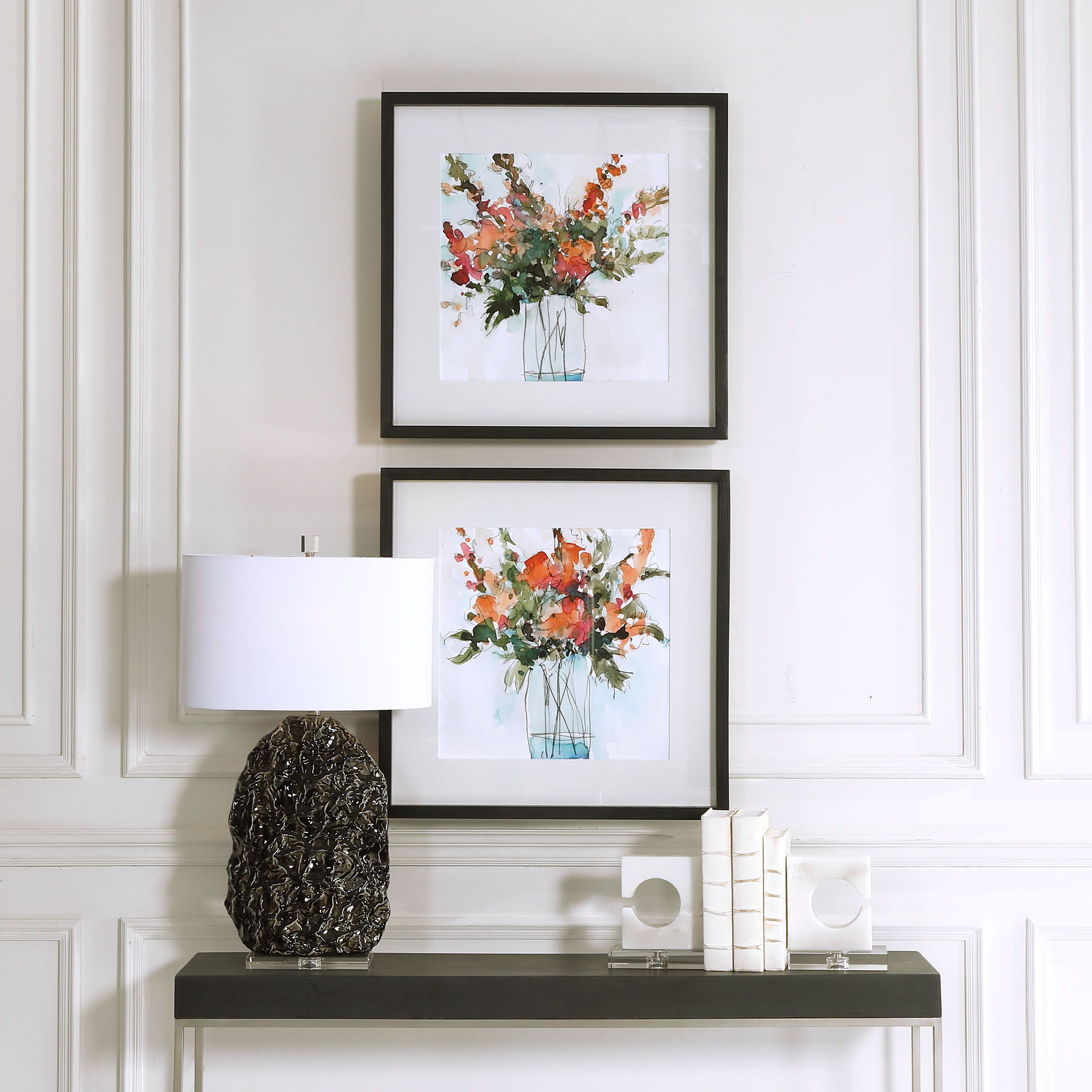 Set of 2 Beige Watercolor Prints of Fresh Flowers
