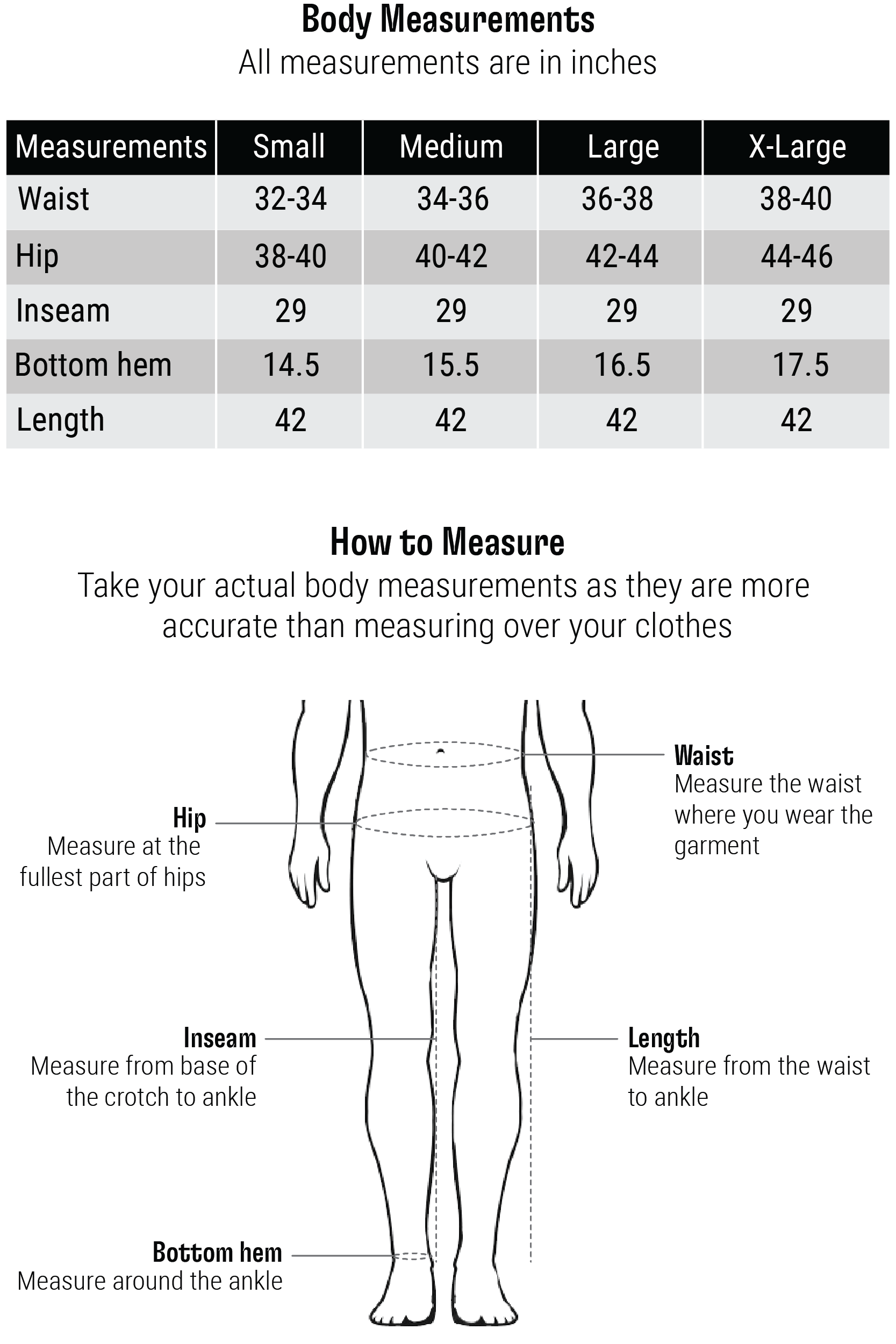 Size Chart- Lowers Comfort Fit