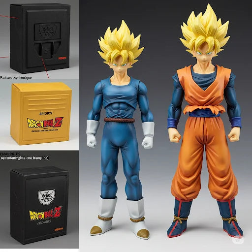 Diaporama montrant des exemples de signes de contrefaçon sur une figurine Dragon Ball Z (boîte, peinture, détails)