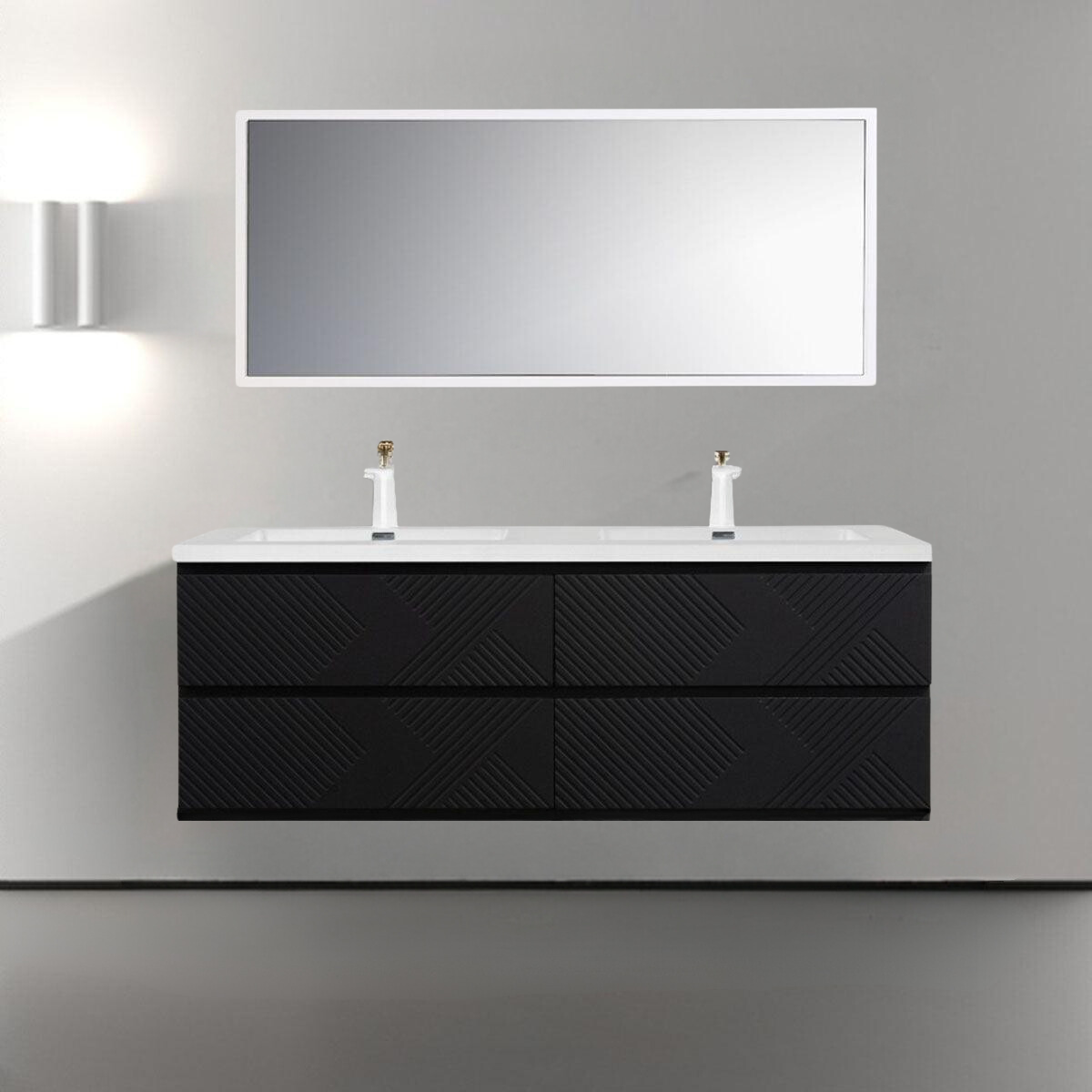 60" Black Wall Mount Bathroom Vanity with White Polymarble Countertop - Golden Elite Deco product image