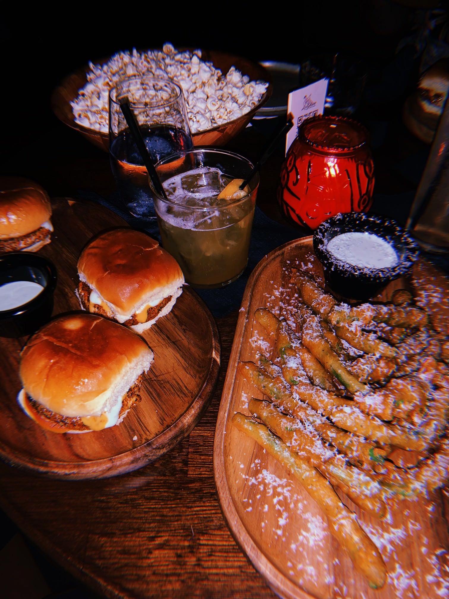 Sliders, Fried Green Beans, popcorn, In Tongues cocktail