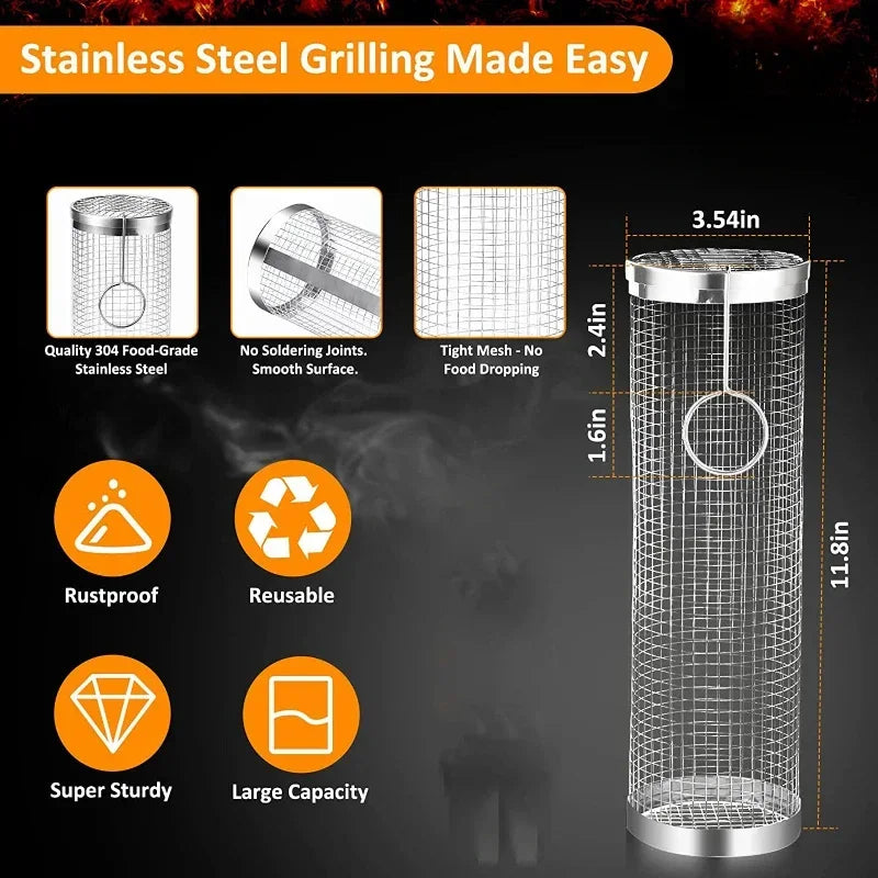 Cesta de grelha de aço inoxidável portátil gaiola de churrasco rolamento grelhar cesta útil churrasqueira cesta ao ar livre grill acessórios 3