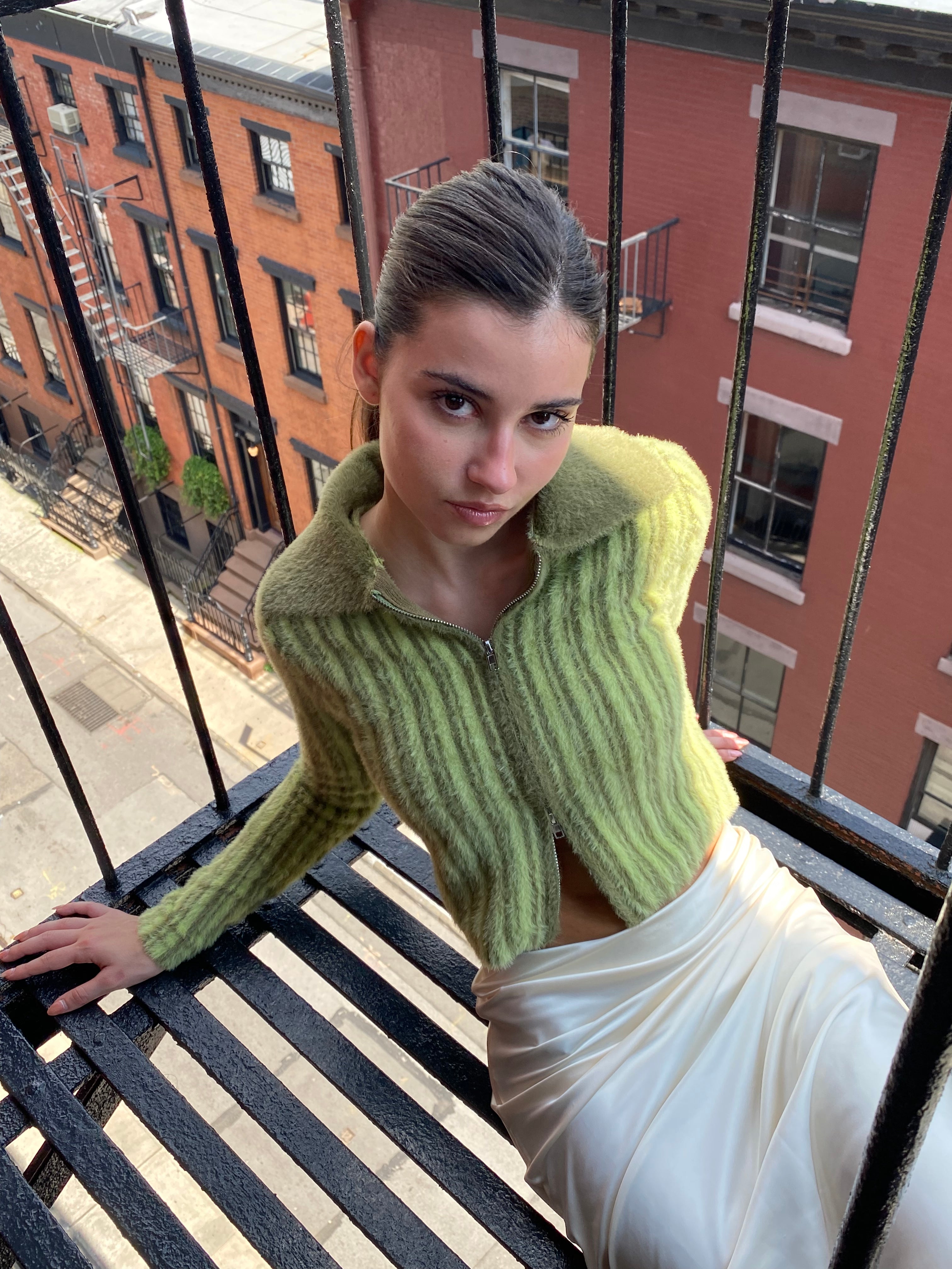 Arcade Knit Top in Fuzzy Green Stripe