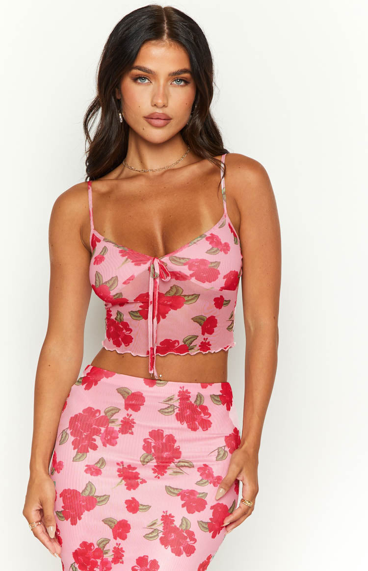 Emz Pink Floral Mesh Cami