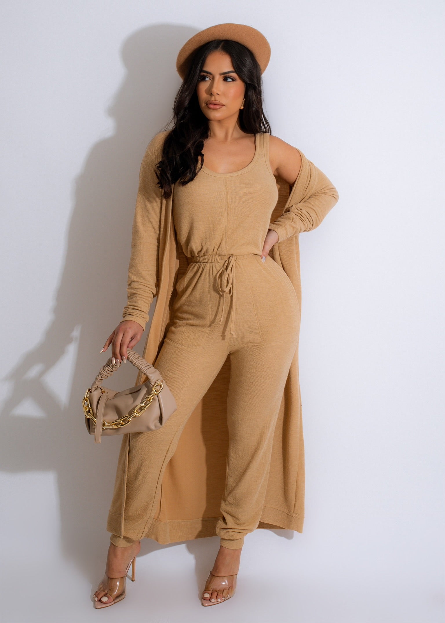 Cozy Girl Knitted Jumpsuit Set Nude