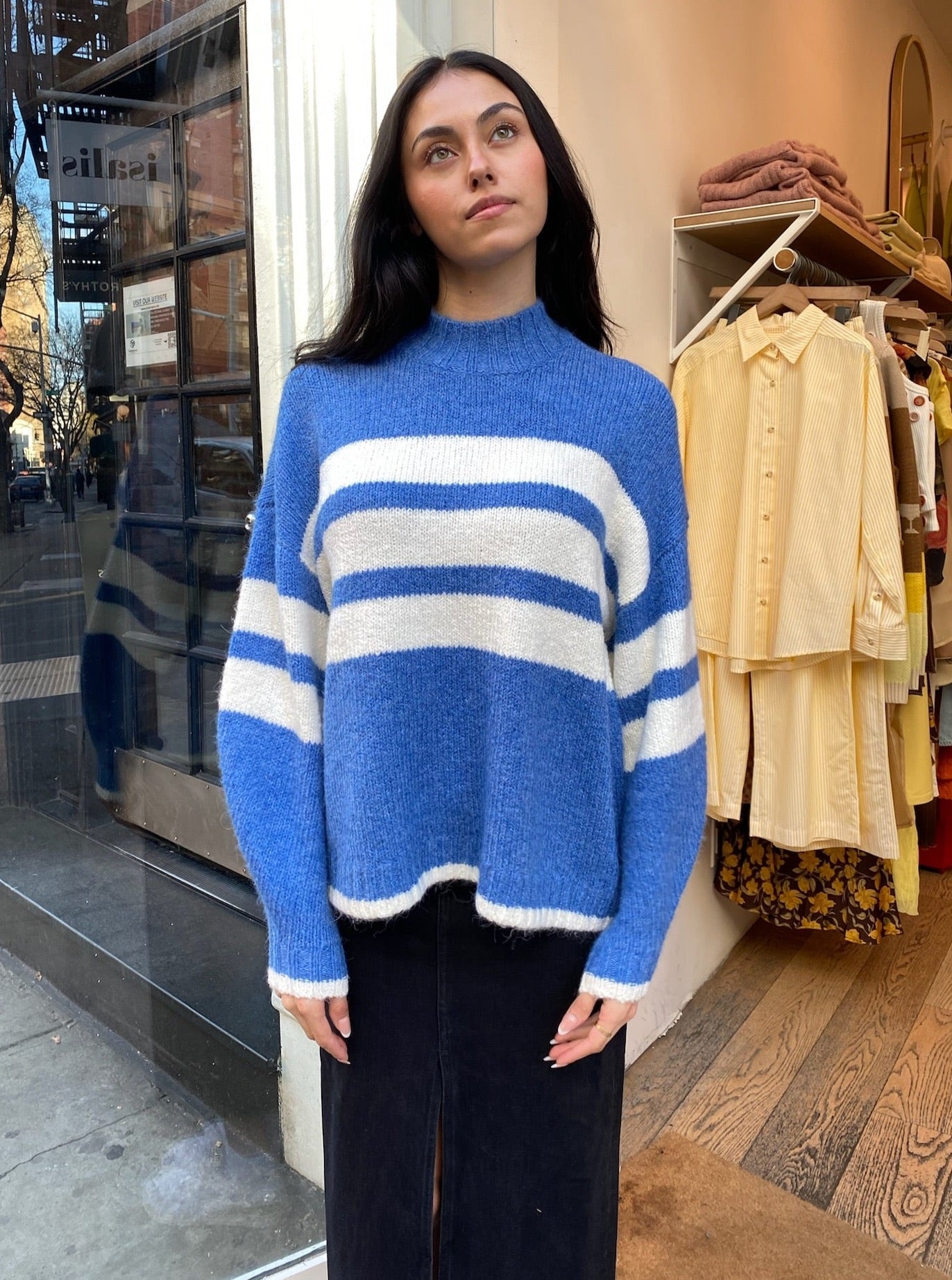 Carleen Mock Neck Sweater in Campanula White Stripe