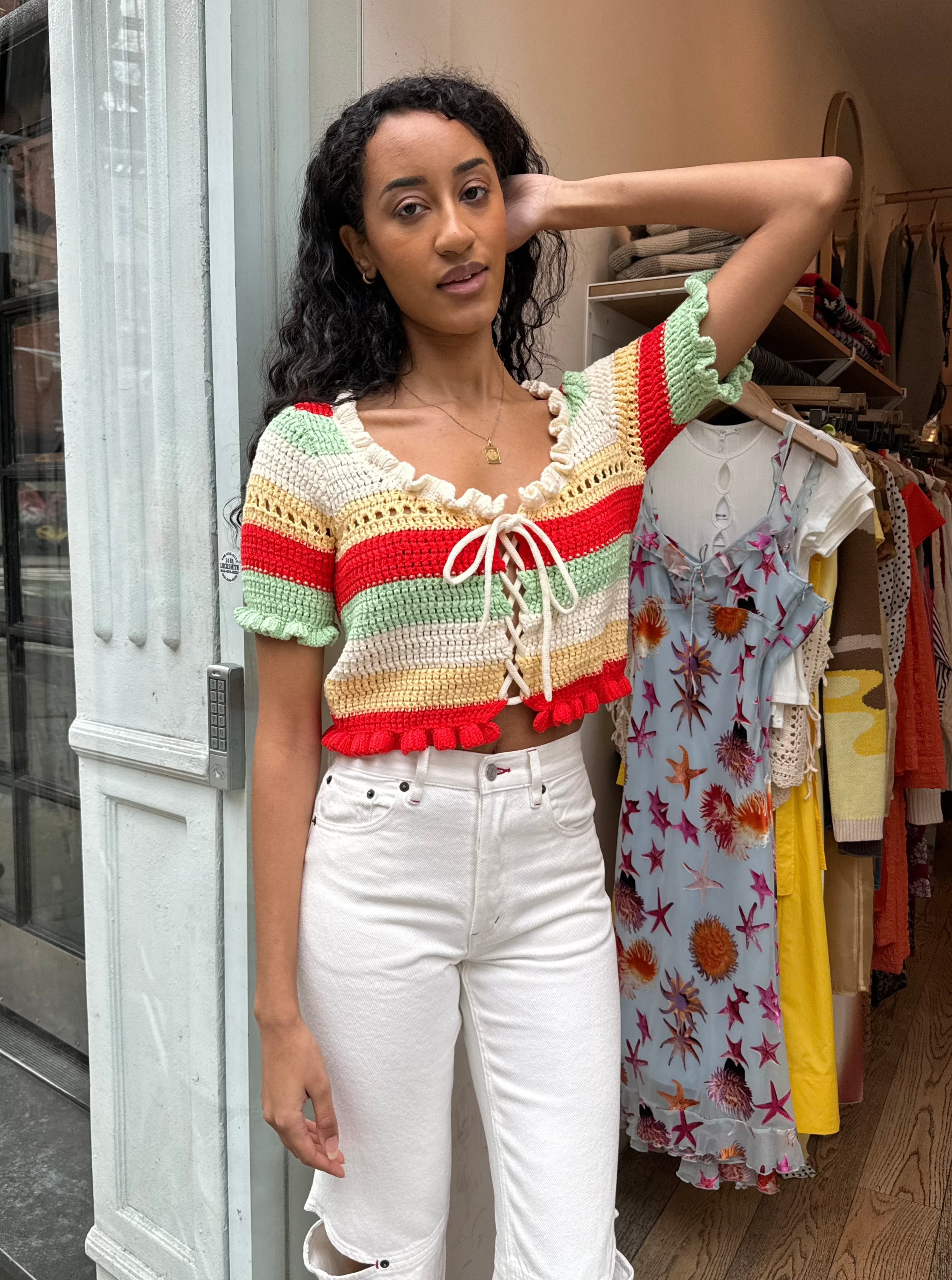 Ally Striped Crochet Knit Top in Multi