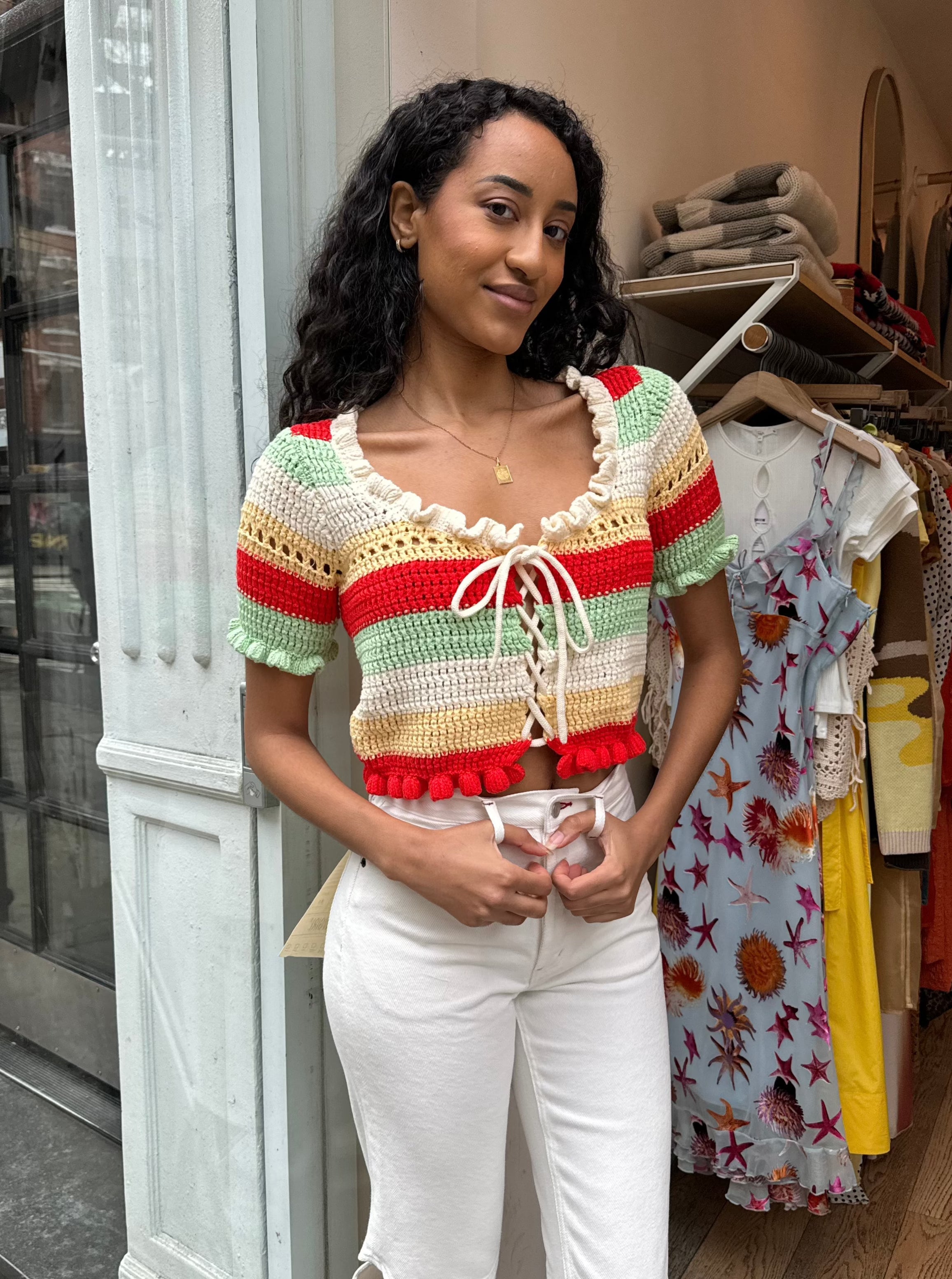 Ally Striped Crochet Knit Top in Multi