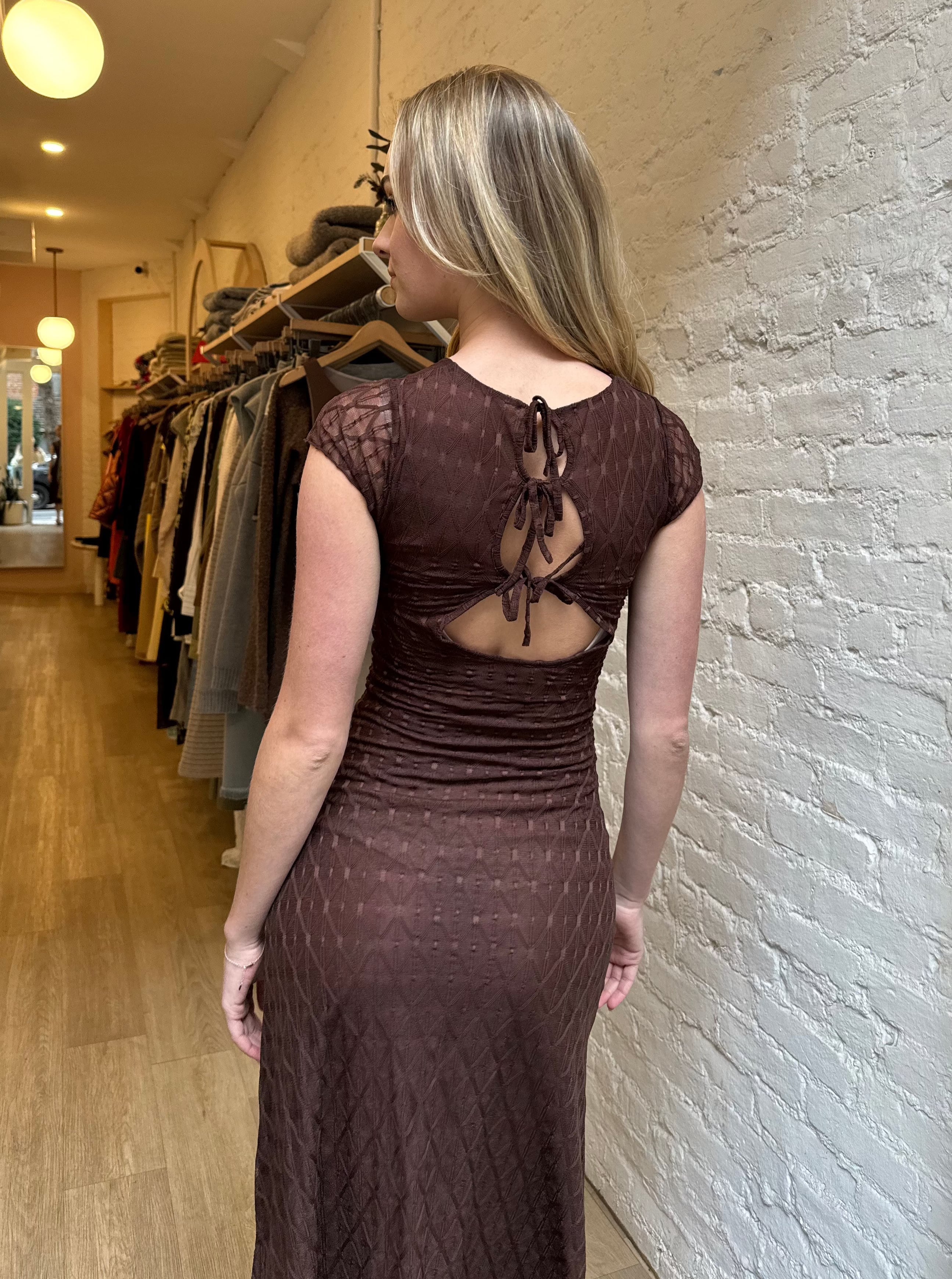 Geo Lace Midi Dress in Brown