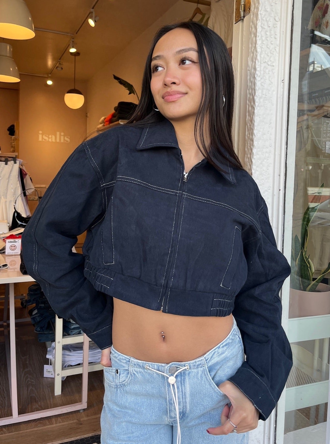 Tallia Twill Cropped Jacket in Dark Navy