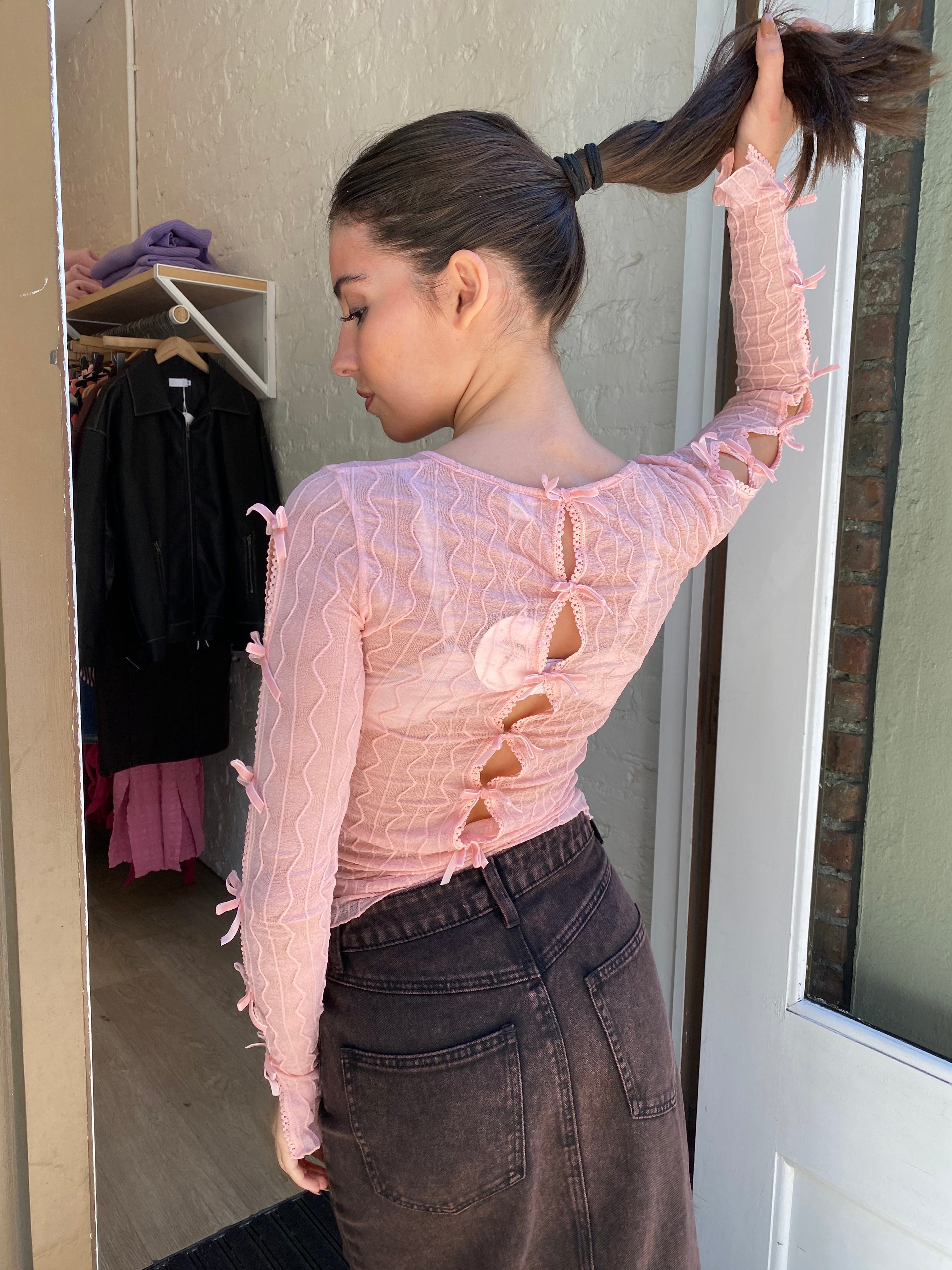 Ross Bow Mockneck Top in Icy Pink