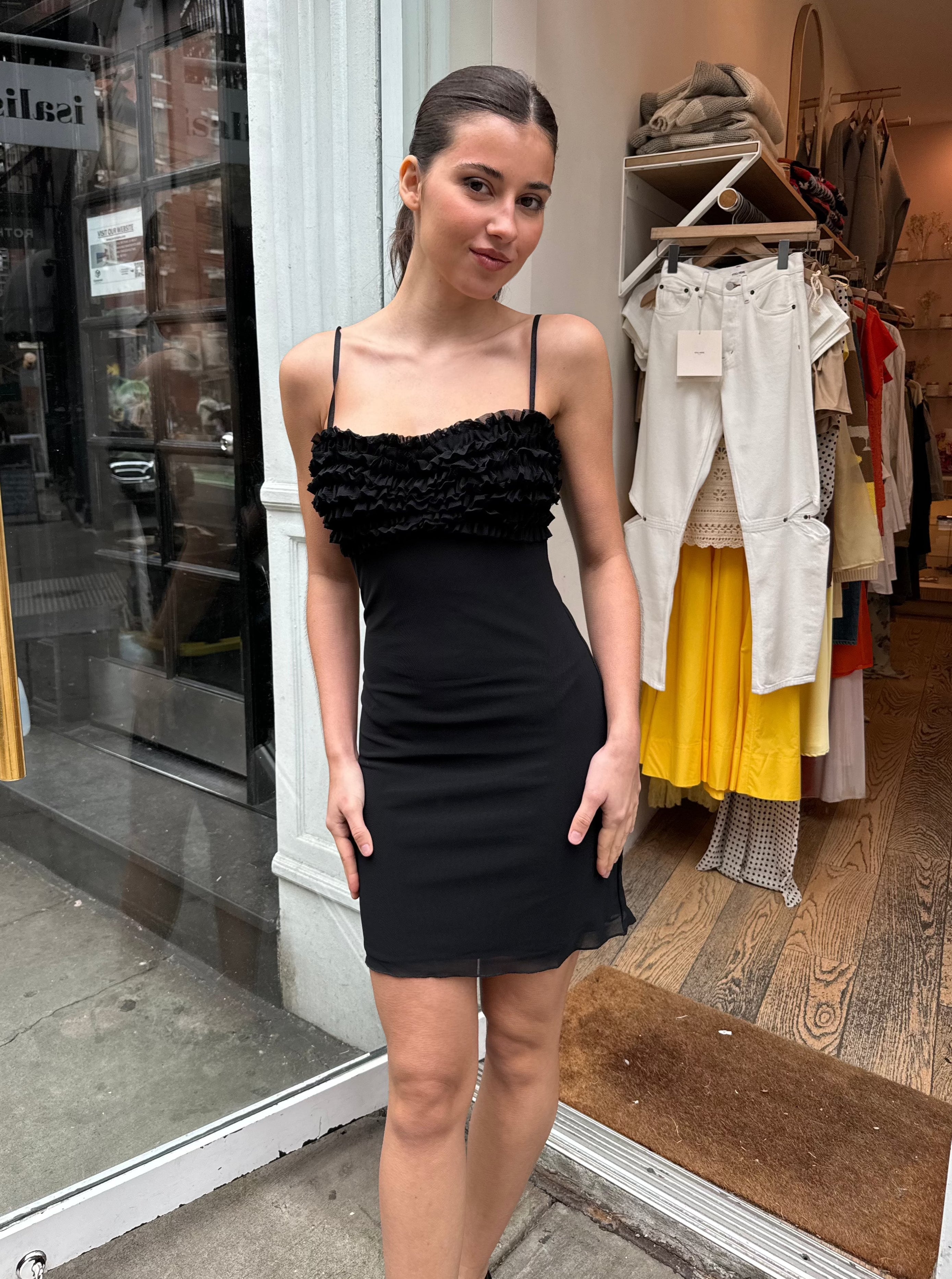 Agatha Mesh Ruffle Mini Dress in Black