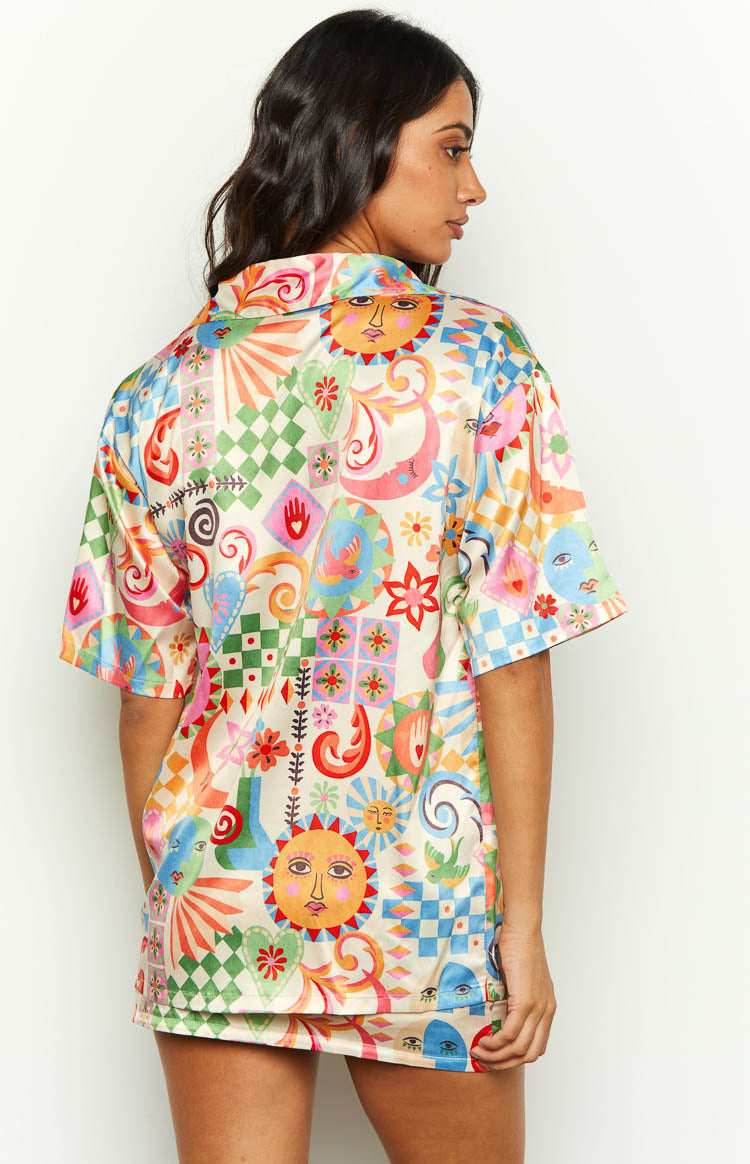 Resort Summer Print Satin Shirt