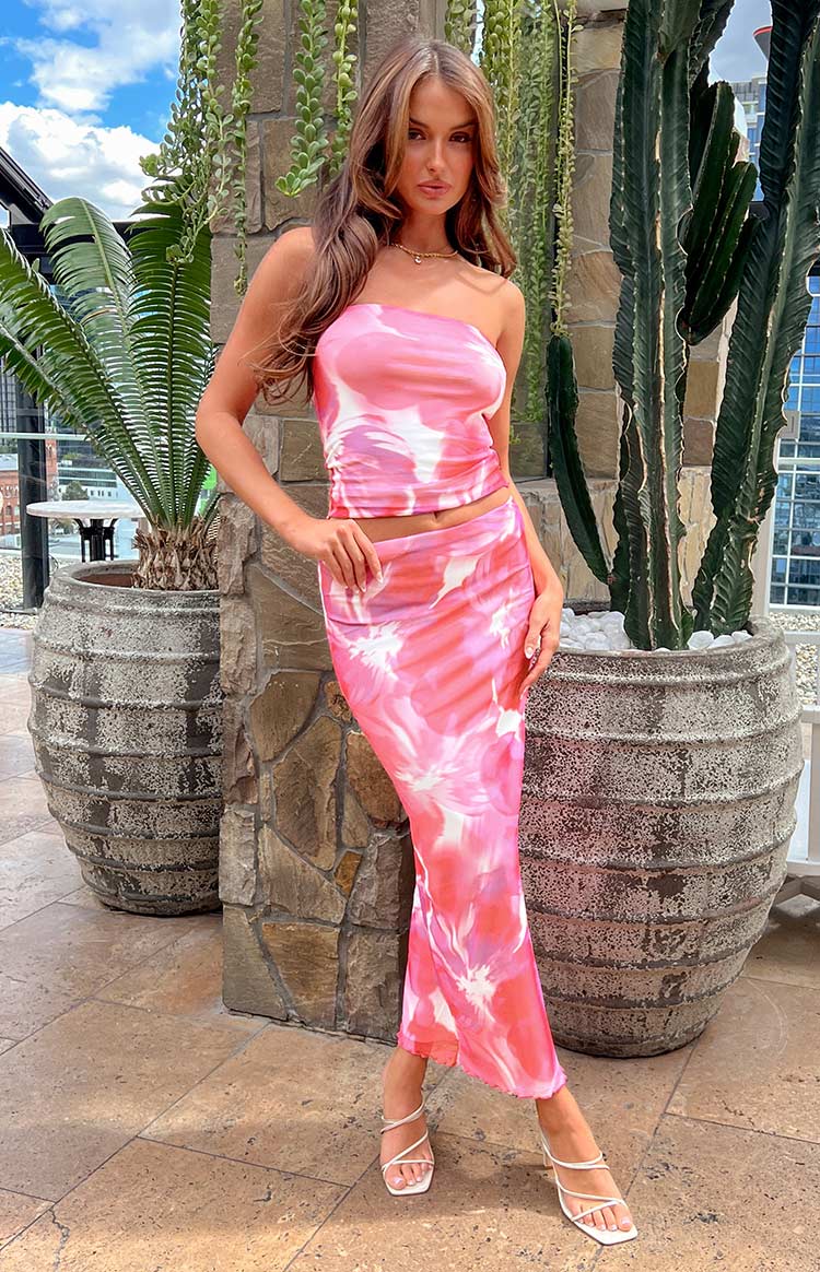 When In Rome Pink Floral Print Mesh Maxi Skirt
