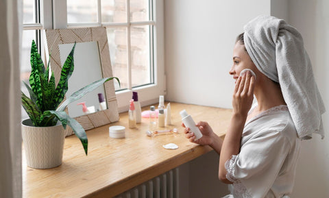 Woman doing skincare and applying perfume for self-care