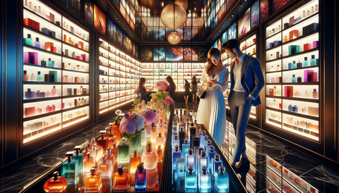 A couple selecting a perfume dupe in vibrant perfume shop