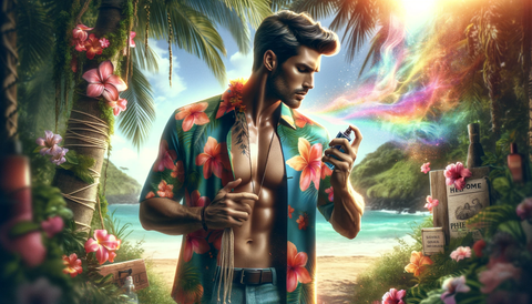 A guy applying perfume with his Hawaiian attire