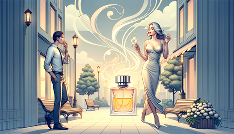 A man is enticed by the scent of a woman's perfume dupe