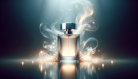 A stunning bottle of inspired perfume placed on a sleek glass surface