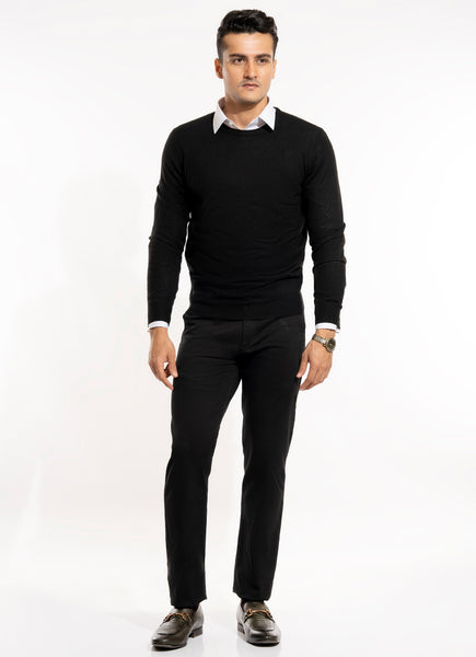 Plain-Black Merino Wool and Acrylic Blend Crew Neck Sweaters – Lawrencepur